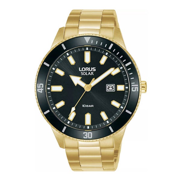 Lorus  Solar Herrenuhr Edelstahl Gold Schwarz mit Datumsanzeige