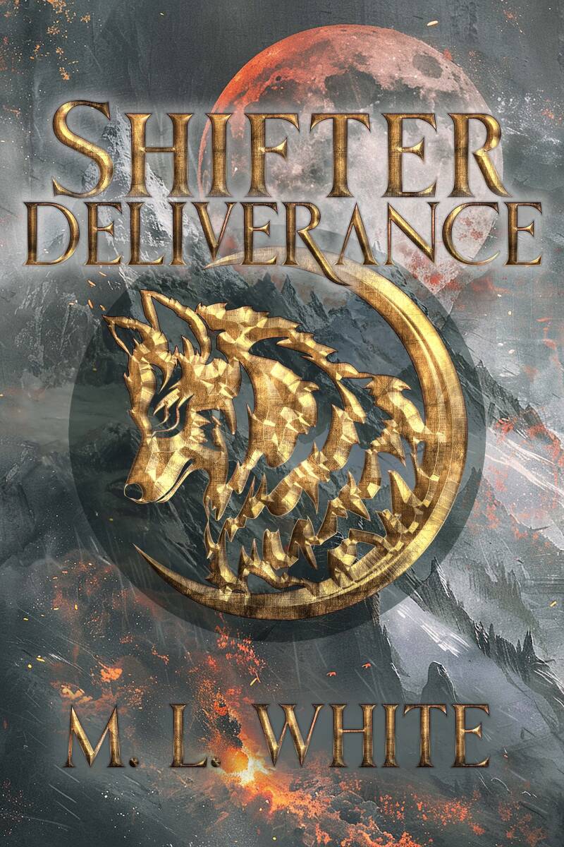 cover of Shifter Deliverance. A gold wolf logo inside a crescant moon