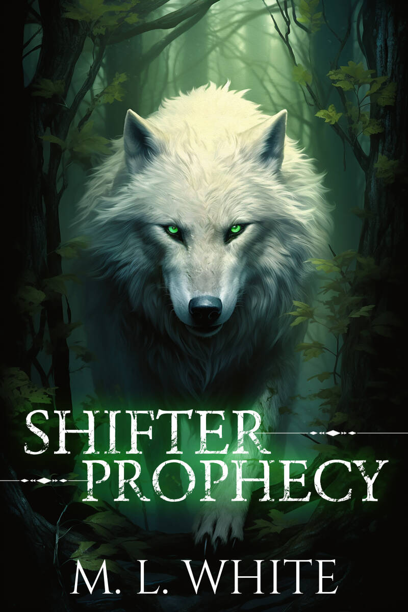 cover picture of Shifter Prophecy. A white wolf emerging from the trees
