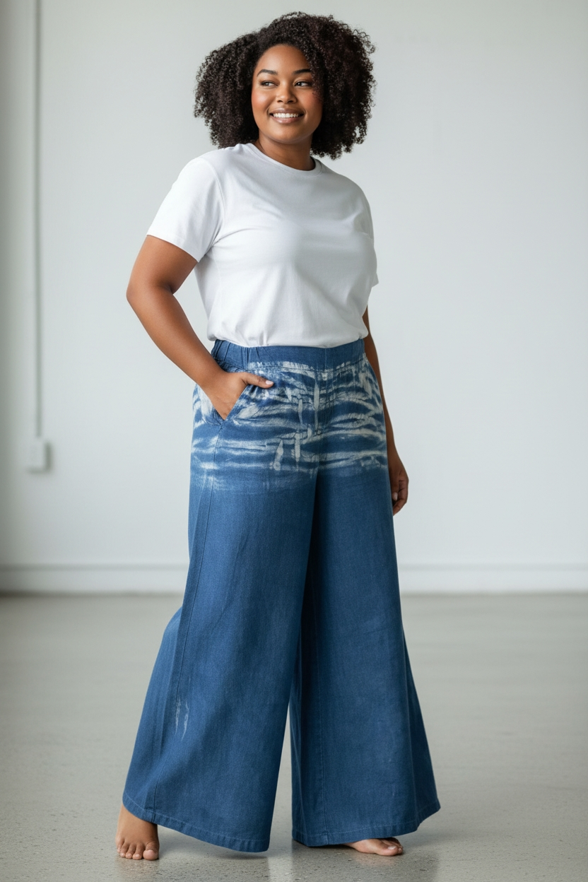 palazzo pants linen indigo dye shibori pockets, elastic waist at the back