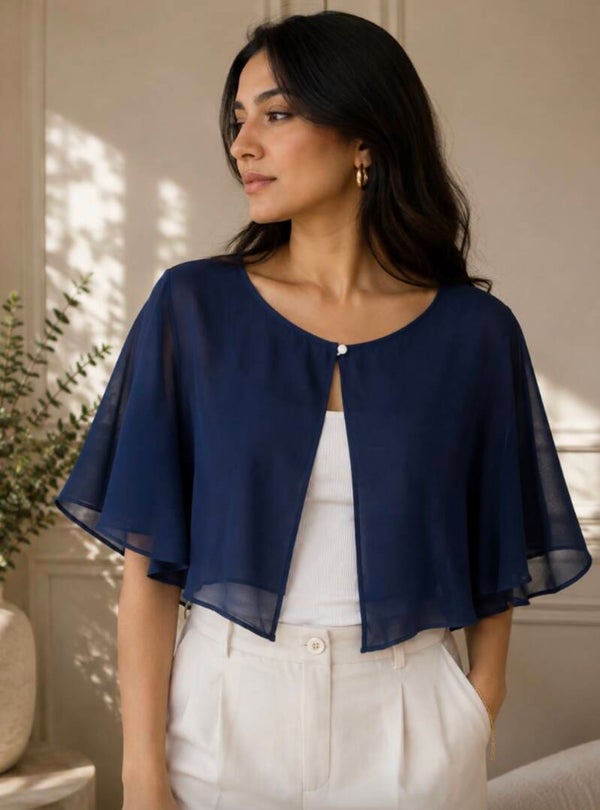 Navy Blue Chiffon Cape Top