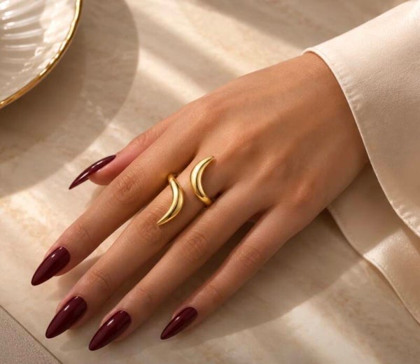 Sculpted Crescent Gold-Tone Stainless Steel Ring