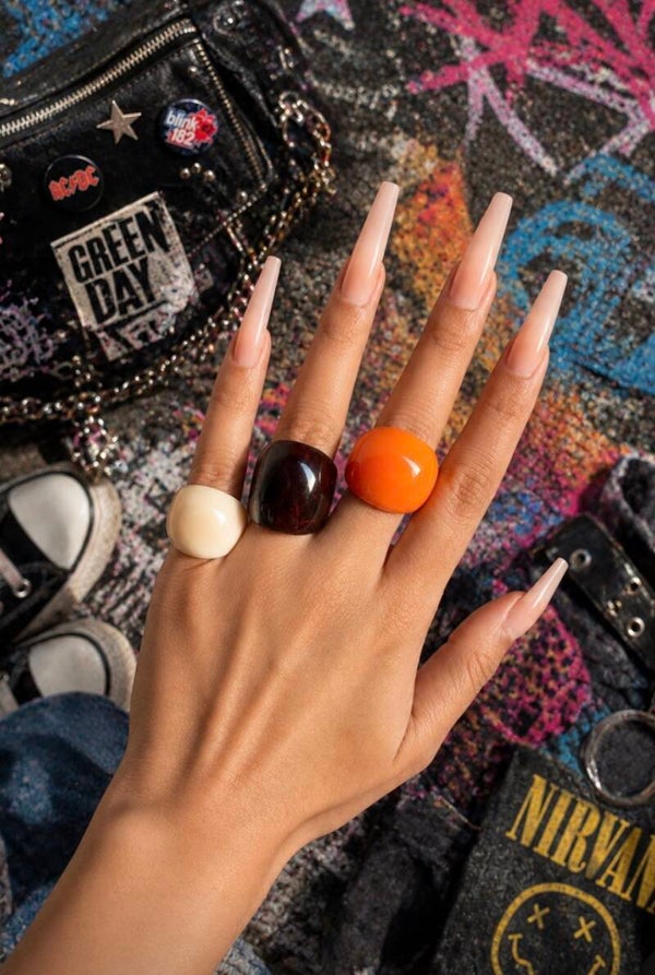 Y2K Candy Pop Chunky Resin Rings — Cream, Cherry Brown & Tangerine Orange