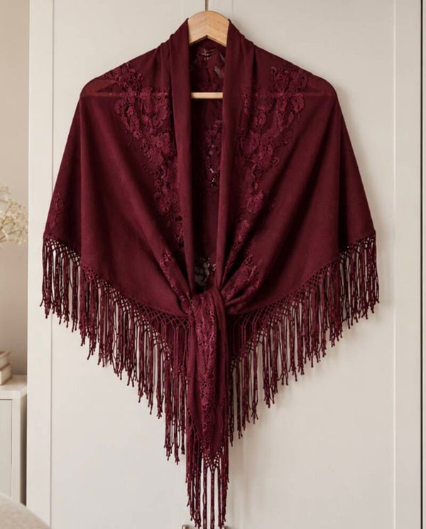 Burgundy Lace Fringe Shawl One Size