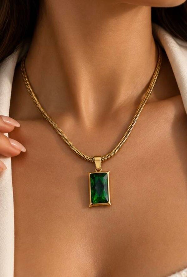 Emerald Luxe Pendant Necklace Snake Chain Stainless Steel