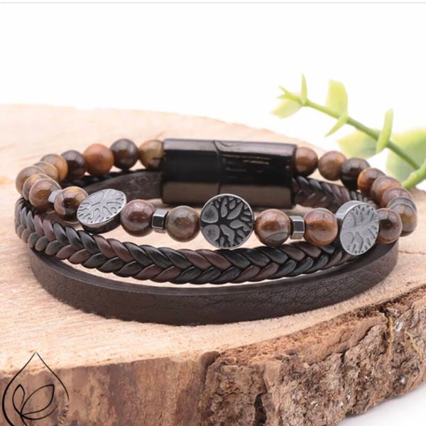 Bracelet cuir brun oeil de tigre