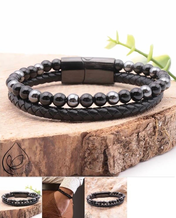 bracelet cuir noir hématite-onyx