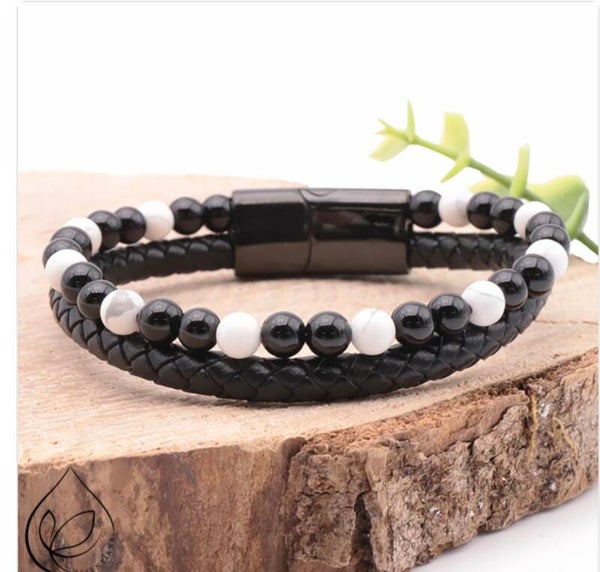 Bracelet cuir noir howlite et onyx