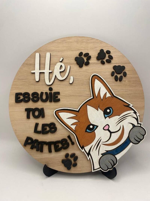 Décoration ronde en bois multicouches – Thème Chat “Essuie-toi les pattes”