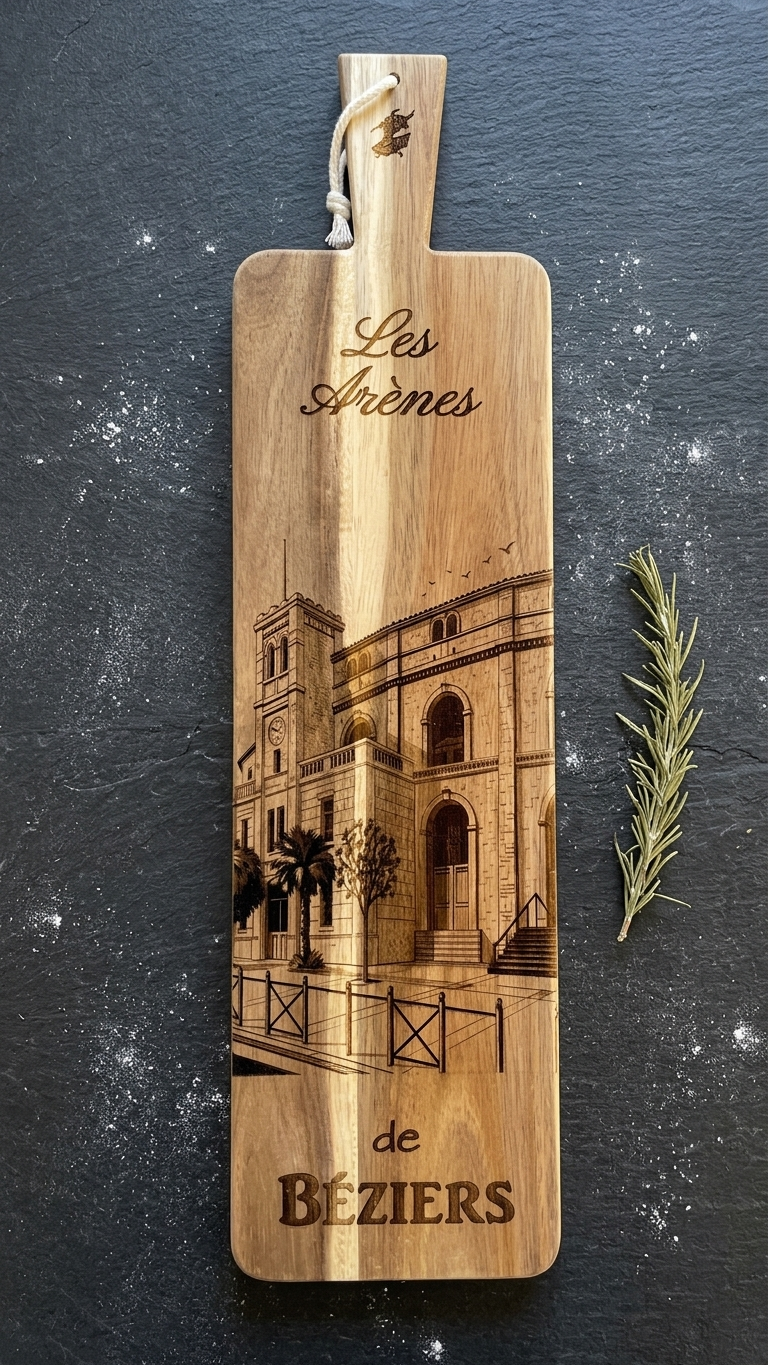 Planche à Tapas / Découper en Bois Gravé " Les Arènes de Béziers"