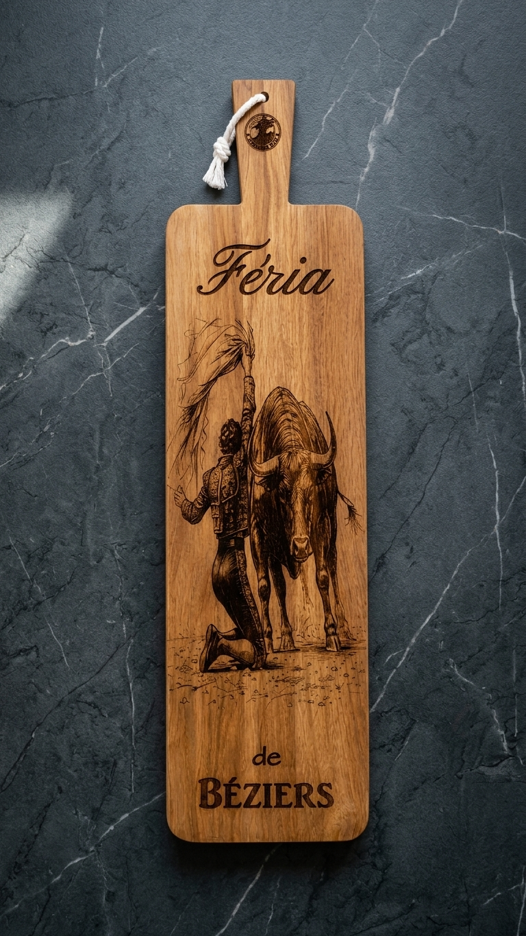 Planche Apéro Gravée  "Féria de Béziers" - Torero à genou et Taureau