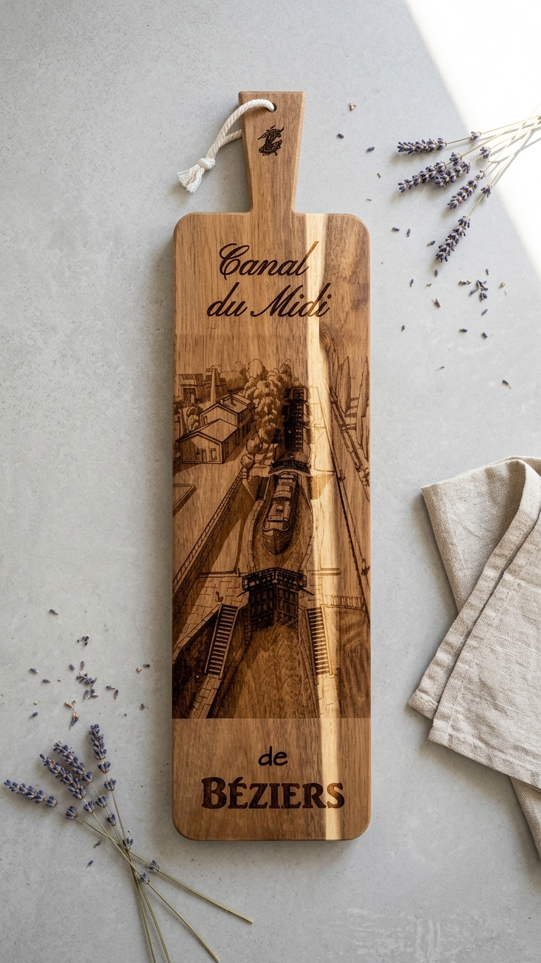 Planche à Tapas / Découper en Bois Gravé " Le Canal du Midi et ses 9 Écluses à Béziers"