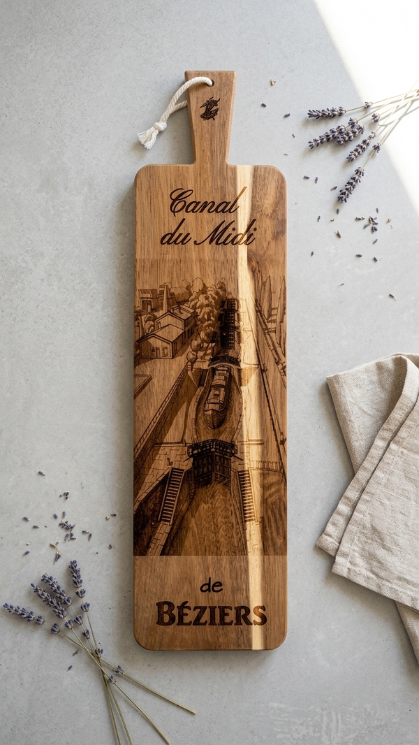 Planche à Tapas / Découper en Bois Gravé " Le Canal du Midi et ses 9 Écluses à Béziers"