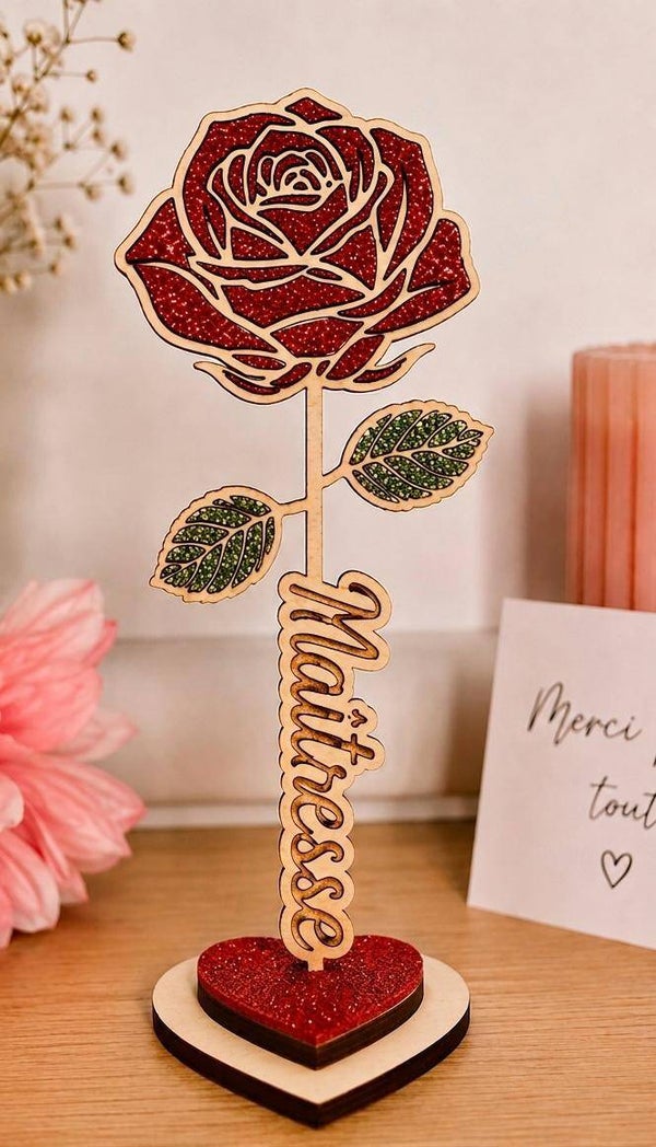 Rose Éternelle en Bois Personnalisée – Cadeau Fin d'Année (Maîtresse, Nounou, ATSEM...)