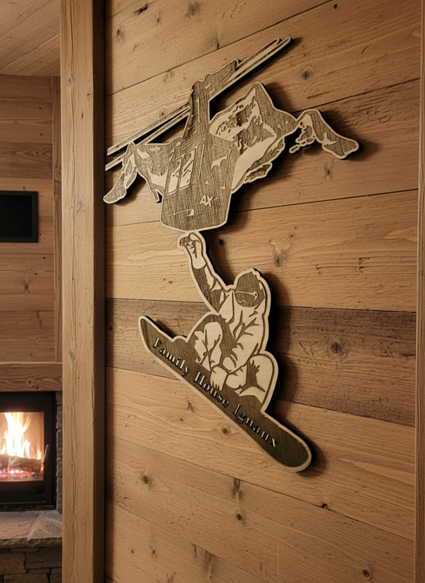 Décoration Murale "Snowboard & Télécabine " en bois