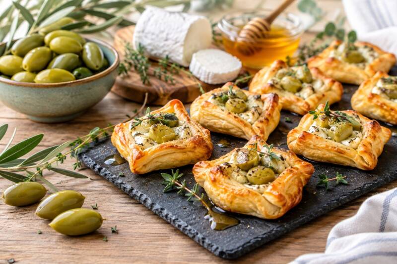 Recette feuilletes olives lucques chevre miel 