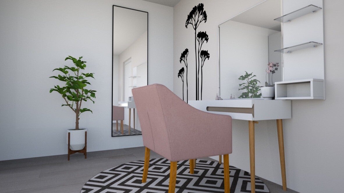 Interieur make-up tafel roze stoel