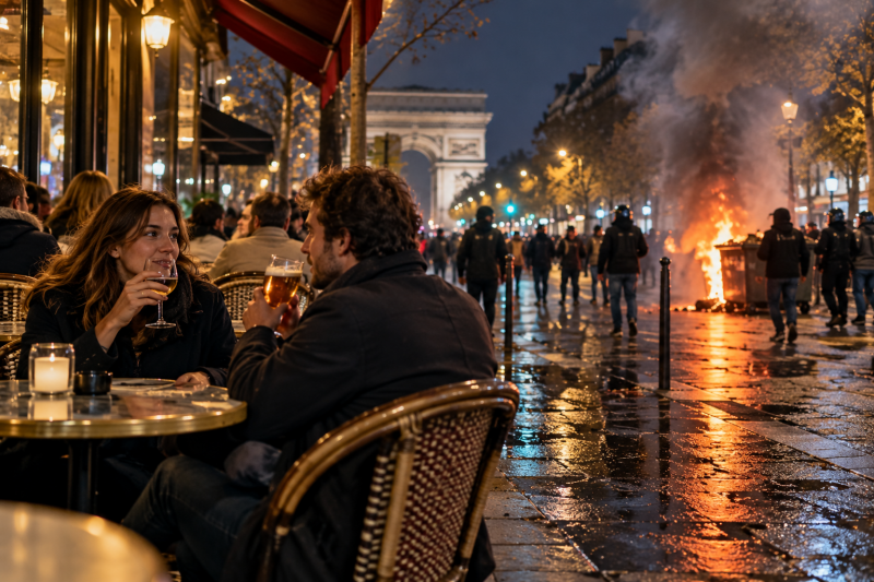 AI-generated illustration of a couple enjoying drinks at a Paris café as a fire burns in the background during protests.
