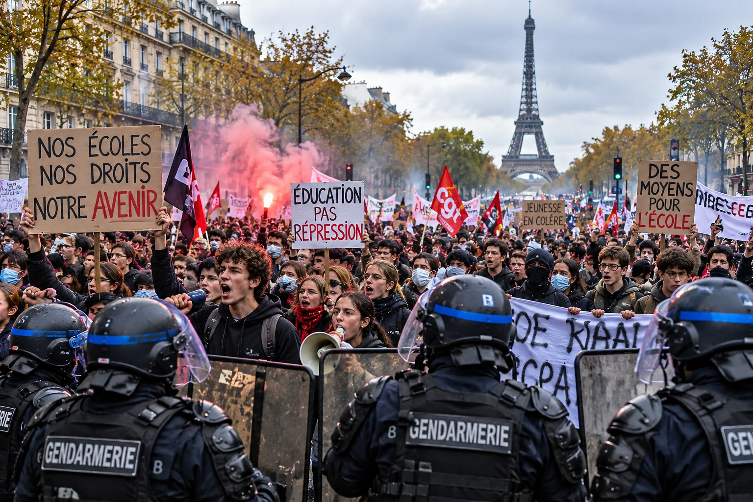 French students protesting outside a school during nationwide demonstrations in France