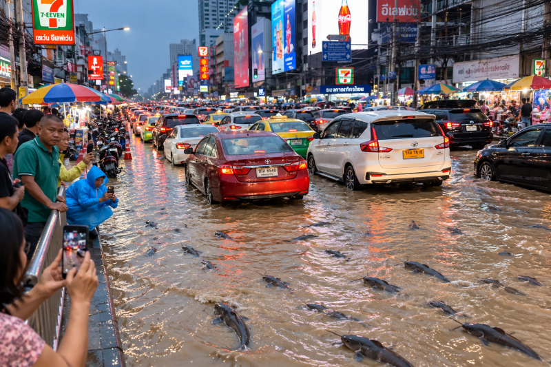 Severe flooding in Bangkok, Thailand, with streets covered by rising floodwater