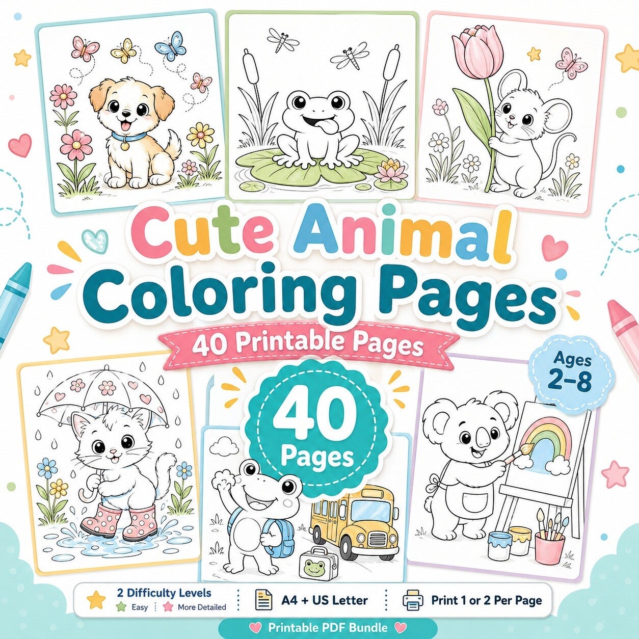 40 Dieren Kleurplaten PDF voor Kinderen 2–8 Jaar – A4 & US Letter
