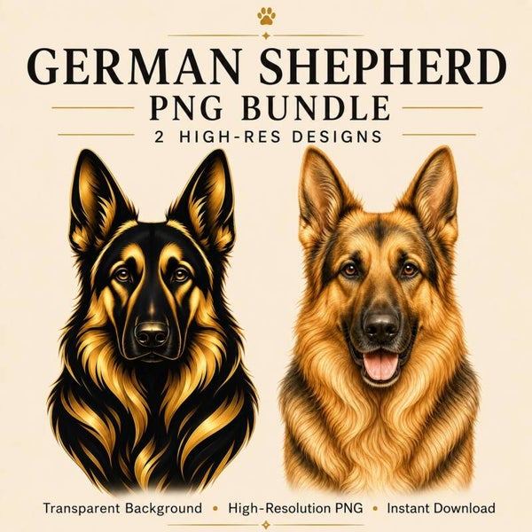 German Shepherd PNG Bundel – 2 Hondenportret Designs in Black Gold en Honey Gold