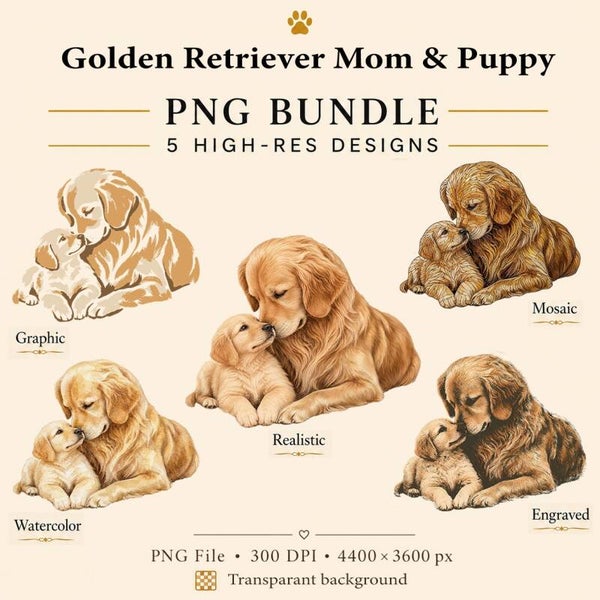 Golden Retriever Moeder & Puppy PNG Bundel – 5 Sublimatie Designs