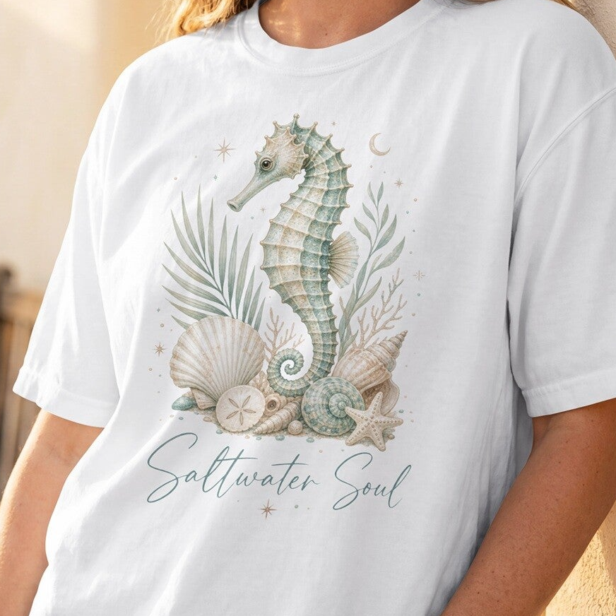Saltwater Soul Zeepaardje PNG – Coastal Boho Sublimatie Design