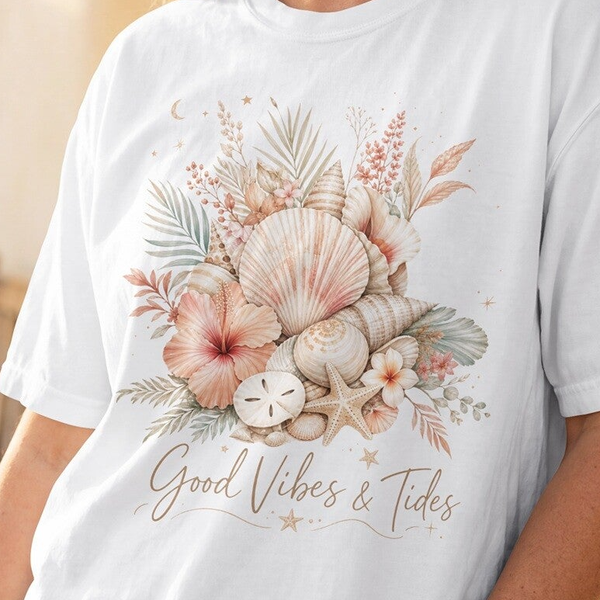 Good Vibes & Tides Shell Bouquet PNG – Coastal Boho Sublimatie Design