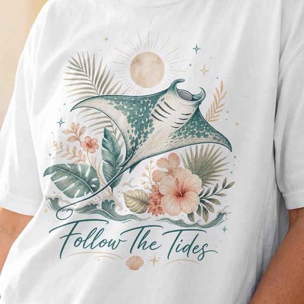 Follow The Tides Manta Ray PNG – Coastal Boho Sublimatie Design
