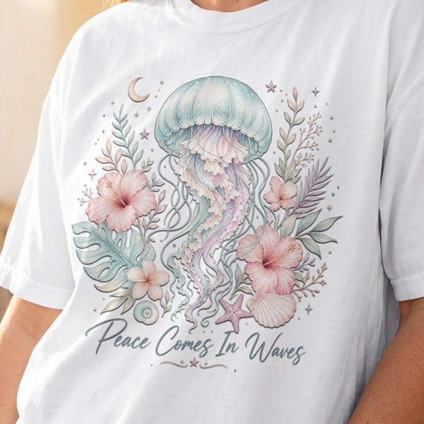 Peace Comes In Waves Jellyfish PNG – Coastal Boho Sublimatie Design