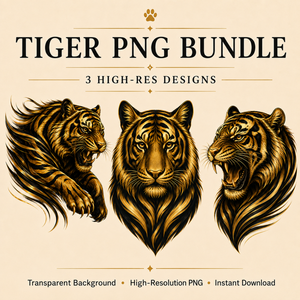 Black Gold Tiger PNG Bundel – 3 Brullende Tijger Designs