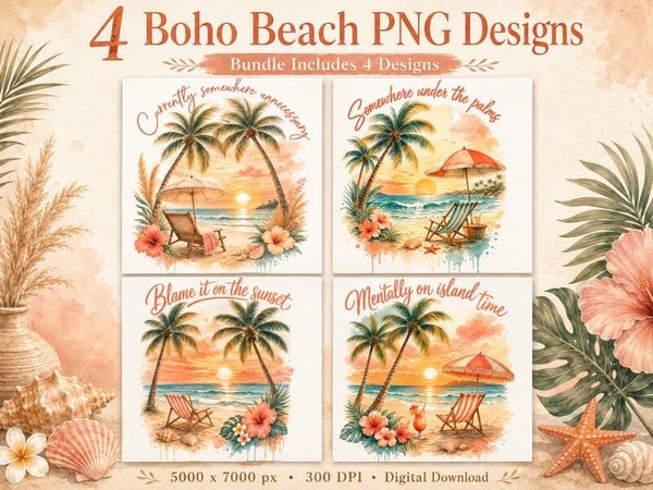 4 Boho Beach PNG Bundel – Tropical Sunset & Coastal Summer Designs