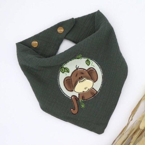 Musselin Halstuch Flaschengrün mit Affe 0-3 Jahre