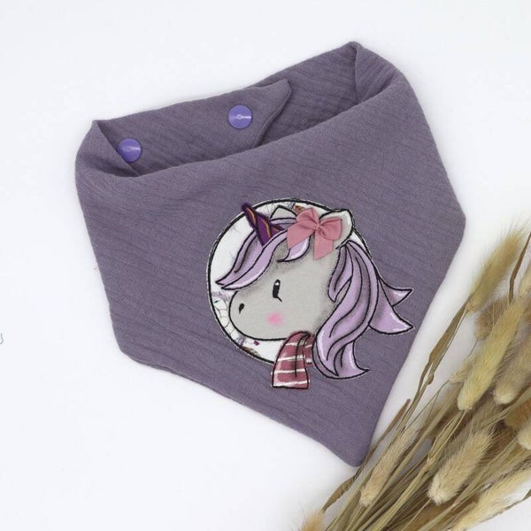 Musselin Halstuch Flieder mit Einhorn 0-3 Jahre