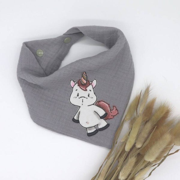Musselin Halstuch Steingrau mit Einhorn 0-3 Jahre