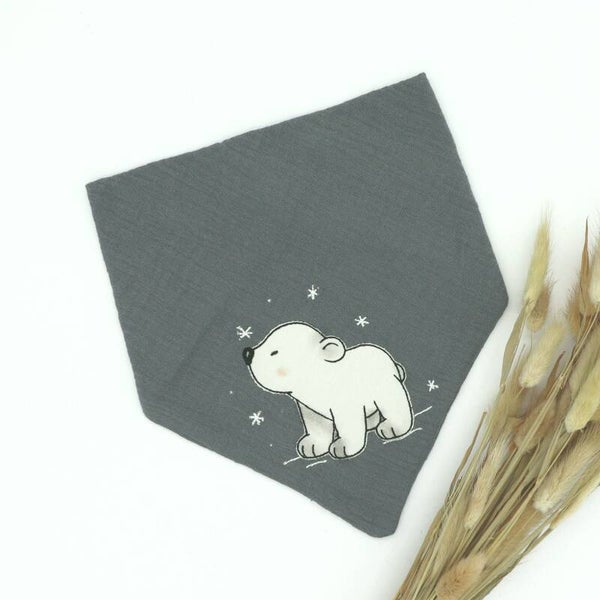 Musselin Halstuch Graugrün mit Eisbär 0-3 Jahre