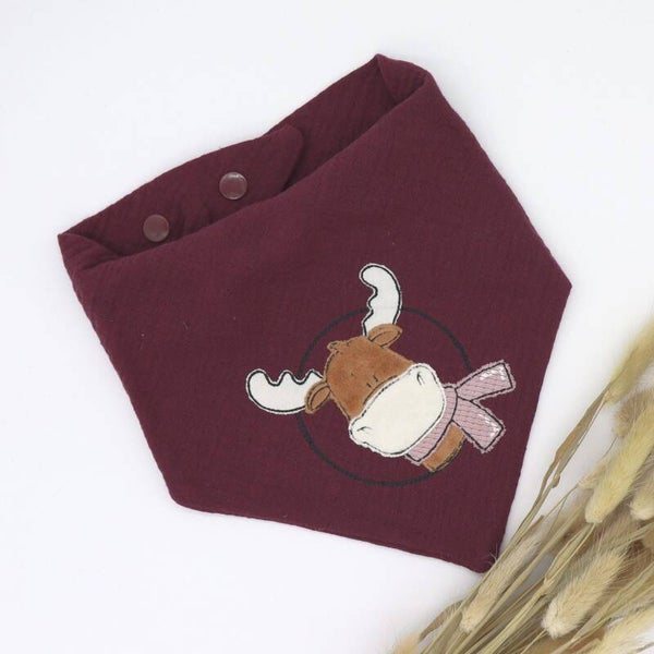 Musselin Halstuch Bordeaux mit Elch 0-3 Jahre