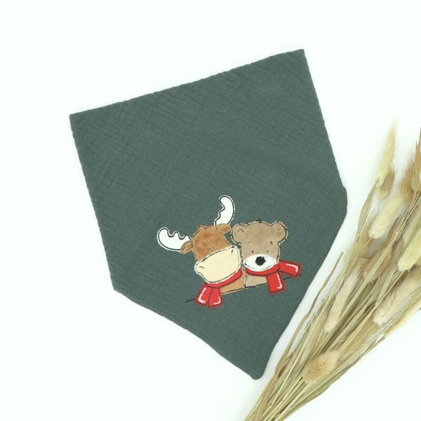 Musselin Halstuch Dunkelkhaki mit Elch und Bär 0-3 Jahre