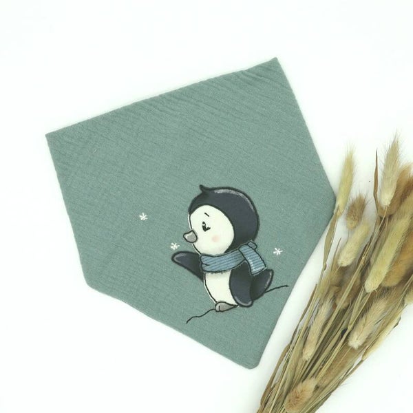 Musselin Halstuch Dusty mint mit Pinguin 0-3 Jahre