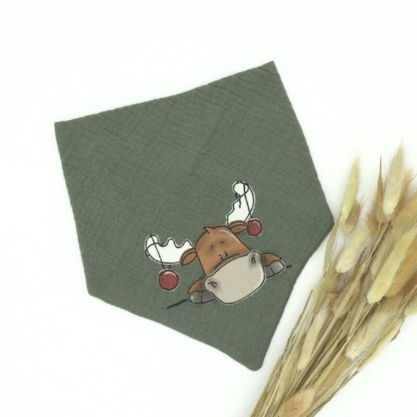 Musselin Halstuch Khaki mit Weinachtselch 0-3 Jahre