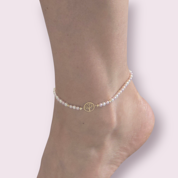 Bratara de picior cu pandativ copacul vietii din aur de 14k, bilute din aur de 14k si perle de cultura