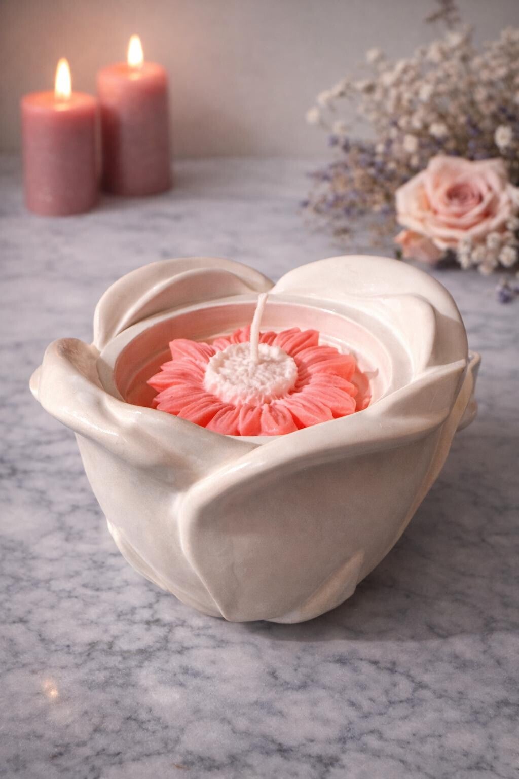 Flower Soy Candle in Ceramic Rose Vessel - Floral Sweet Luxury