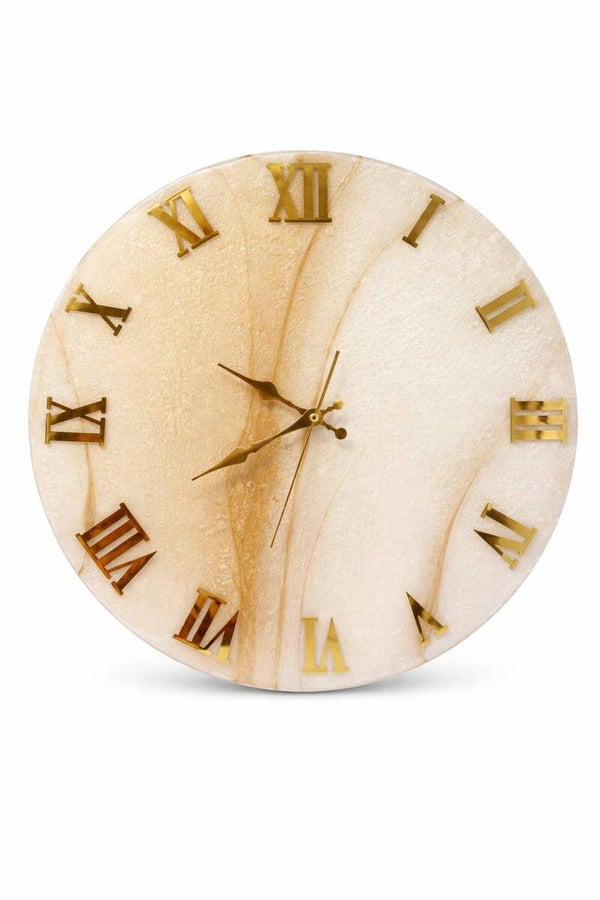 Elegant Wall Clock – Beige Marble Effect with Gold