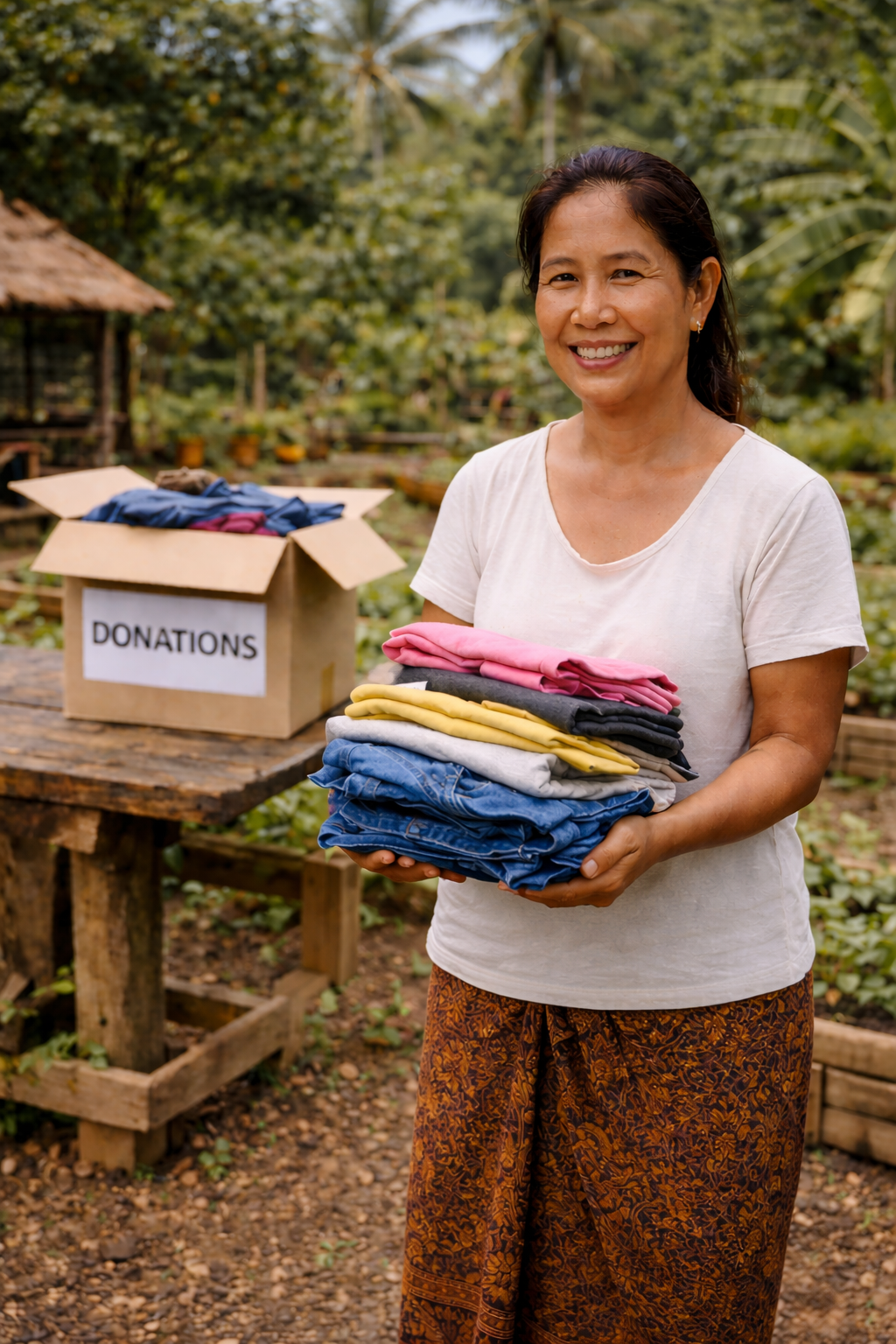 Bali Family Foundation clothing donations being given to a lady.  Bali charity. BFFdonations