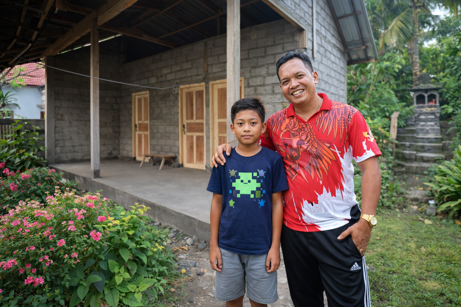 Bali Family Foundation House Building recipient child standing with the Mayor. Bali charity. BFF