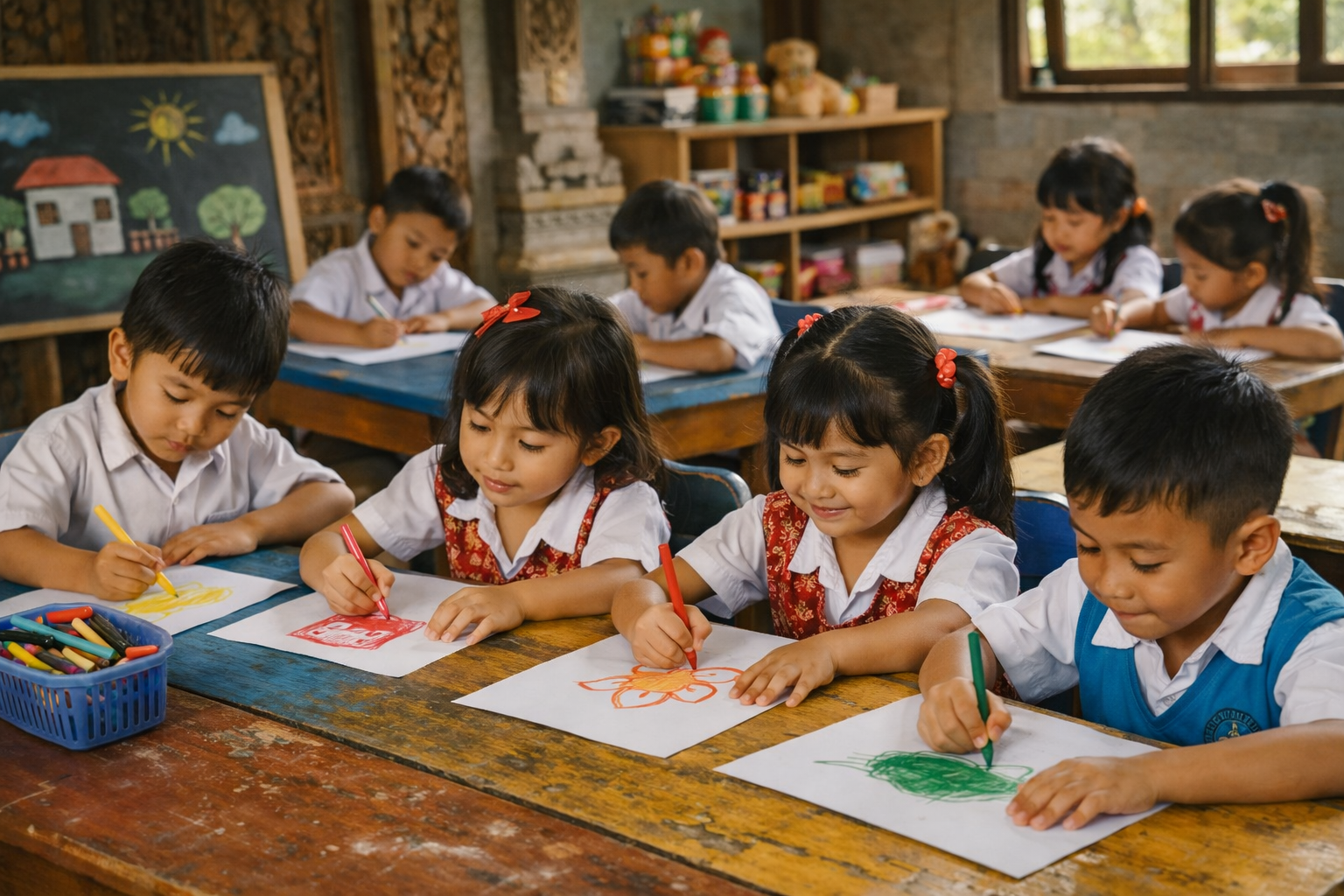 Bali Family Foundation Kindy children drawing at desks. Bali charity. BFF