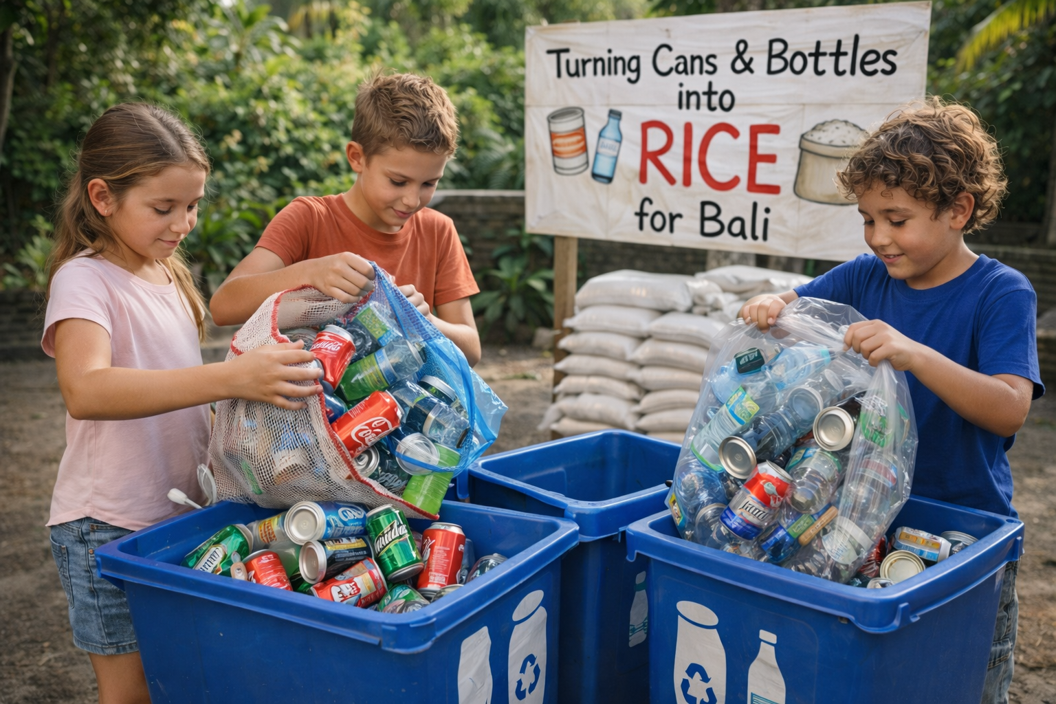 Bali Family Foundation Rice Run bottles to blessings. Children recycling bottles to donate for rice. Bali charity. BFF