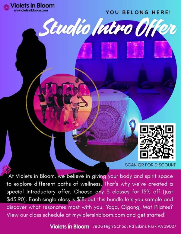 Any 3 movement classes 15% savings ~ Studio Intro Offer at Violets in Bloom 🌸