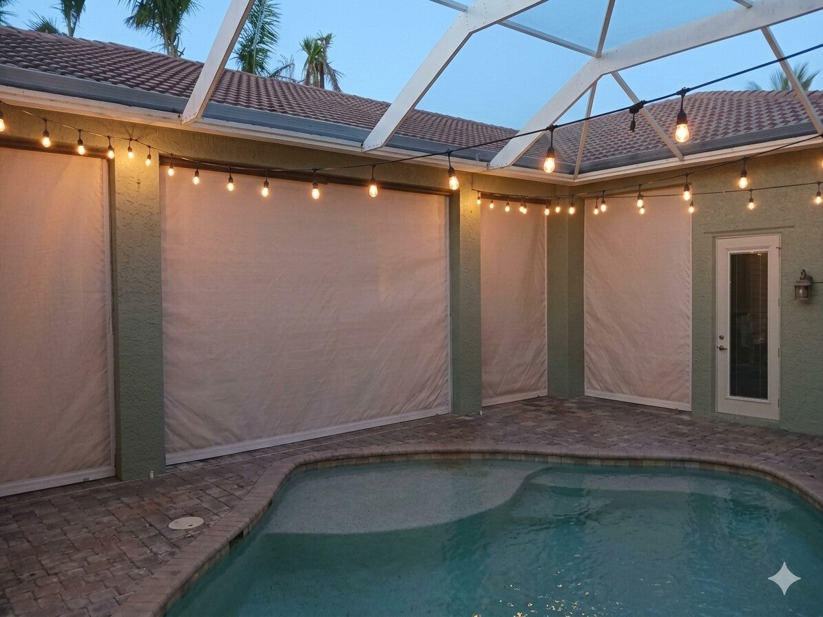 Fabric roll down shutters on lanai